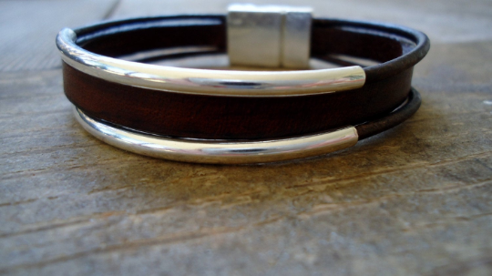 Leather bracelet Solid Sterling Silver Tubes bracelet Leather Cuff Stacking Bracelet Women s Bracelet ISEA DESIGNS